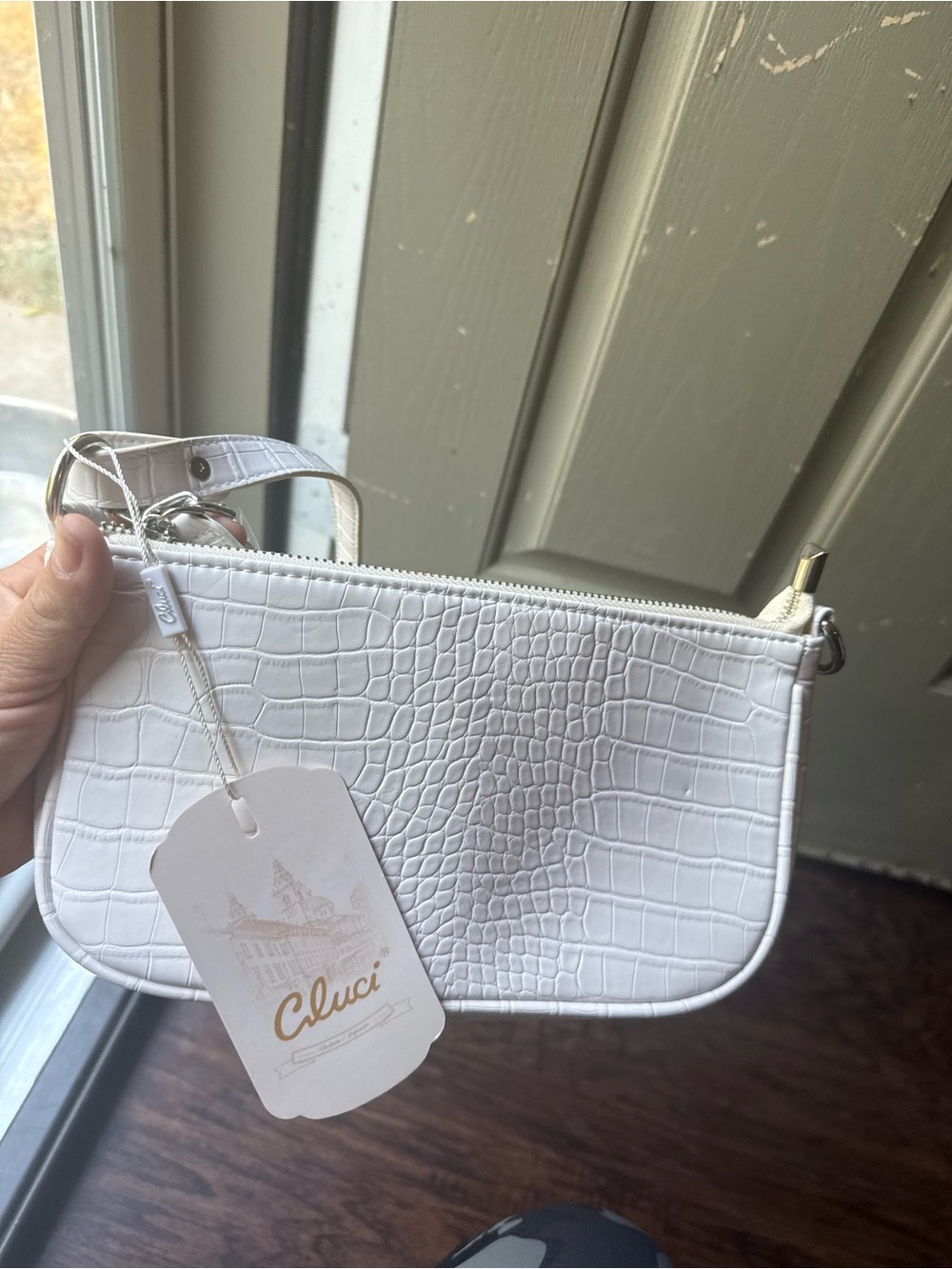 White Croc-Embossed Wristlet Bag